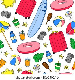 Seamless pattern with hand drawn colored summer and vacation items.