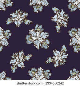 Seamless pattern with hand drawn colored iris japonica