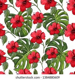 Seamless pattern with hand drawn and colored sketch of hibiscus flowers and monstera leaves. Elements isolated on white background. Vector  illustration.