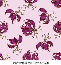 Seamless pattern with hand drawn colored gloriosa