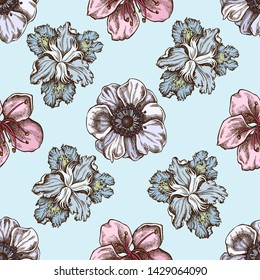 Seamless pattern with hand drawn colored anemone, iris japonica, sakura