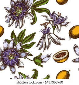 Seamless pattern with hand drawn colored passion flower