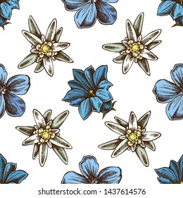 Seamless pattern with hand drawn colored edelweiss, meadow geranium, gentiana