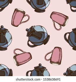 Seamless pattern with hand drawn colored teapots, cups