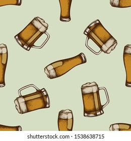 Seamless pattern with hand drawn colored mug of beer