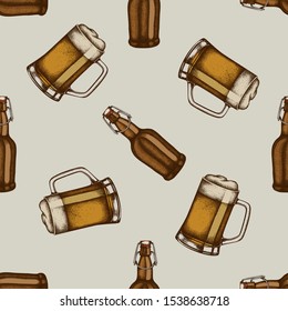 Seamless pattern with hand drawn colored mug of beer, bottles of beer