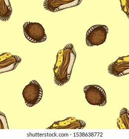 Seamless pattern with hand drawn colored eclair, truffle