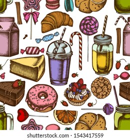 Seamless pattern with hand drawn colored cinnamon, macaron, lollipop, bar, candies, oranges, buns and bread, croissants and bread, strawberry, milk boxes, smoothie cup, lollipop, smothie jars