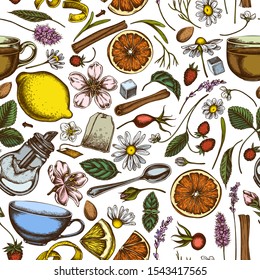 Seamless pattern with hand drawn colored cinnamon, lemons, oranges, tea bag, sugar cubes, heather, chamomile, dog rose, peppermint, almond, strawberry, teaspoon, teapots, cups, sugar bowl