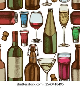 Seamless pattern with hand drawn colored glass, champagne, mug of beer, alcohol shot, bottles of beer, bottle of wine, glass of champagne, glass of wine, glass of martini, aluminum can
