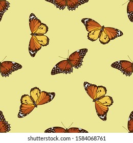 Seamless pattern with hand drawn colored cethosia biblis, danaus chrysippus