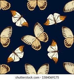 Seamless pattern with hand drawn colored hebomoia glaucippe, stichophthalma howqua