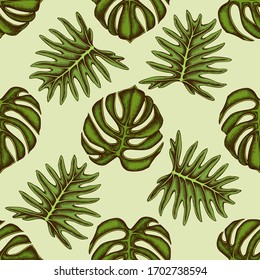 Seamless pattern with hand drawn colored monstera