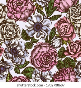 Seamless pattern with hand drawn colored roses, anemone, peony