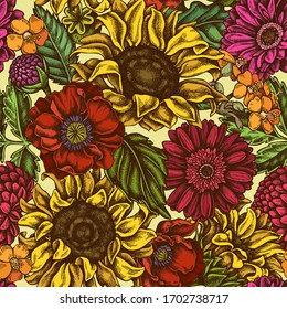 Seamless pattern with hand drawn colored poppy flower, gerbera, sunflower, milkweed, dahlia