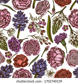 Seamless pattern with hand drawn colored peony, carnation, ranunculus, wax flower, ornithogalum, hyacinth