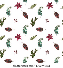 Seamless pattern with hand drawn colored ficus, iresine, kalanchoe, calathea, guzmania, cactus