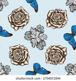 Seamless pattern with hand drawn colored iris japonica, blue morpho, roses