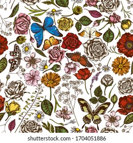 Seamless pattern with hand drawn colored shepherd's purse, heather, iris japonica, sakura, gypsophila, chamomile, almond, poppy flower, calendula, blue morpho, lemon butterfly, red lacewing, great