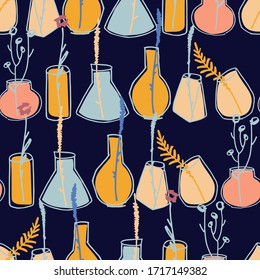 Seamless pattern with hand drawn colored vases in rows for surface design and other design projects on dark background