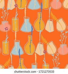 Seamless pattern with hand drawn colored vases in rows for surface design and other design projects on coral background