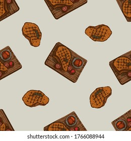 Seamless pattern with hand drawn colored steak