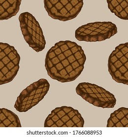 Seamless pattern with hand drawn colored grilled burger patties