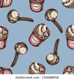 Seamless pattern with hand drawn colored ice cream bucket, ice cream scoop