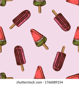Seamless pattern with hand drawn colored popsicle ice cream