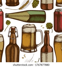 Seamless pattern with hand drawn colored rye, hop, mug of beer, bottles of beer, aluminum can