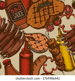 Seamless pattern with hand drawn colored Pork ribs, kebab, sausages, steak, sauce bottles, grilled burger patties, grilled tomato, grilled salmon steak, grilled bell pepper