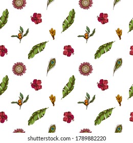 Seamless pattern with hand drawn colored banana palm leaves, hibiscus, solanum, bromeliad, peacock feathers, protea