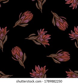 Seamless pattern with hand drawn colored leucadendron