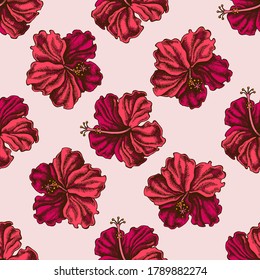 Seamless pattern with hand drawn colored hibiscus