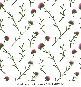 Seamless pattern with hand drawn colored flowers, twigs on a white background. Doodle, simple illustration. It can be used for decoration of textile, paper and other surfaces.