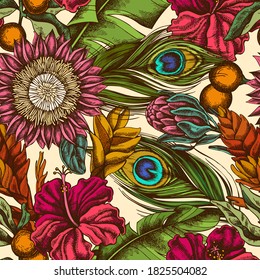 Seamless pattern with hand drawn colored banana palm leaves, hibiscus, solanum, bromeliad, peacock feathers, protea