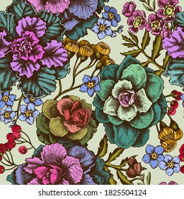 Seamless pattern with hand drawn colored wax flower, forget me not flower, tansy, ardisia, brassica, decorative cabbage