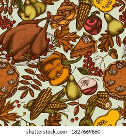 Seamless pattern with hand drawn colored pumpkin, fork, knife, pears, turkey, pumpkin pie, apple pie, corn, apples, rowan, maple, oak