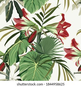 Seamless pattern with hand drawn colored amaryllis lilies flower and palm tropical leaves on white background.