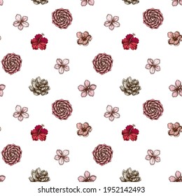 Seamless pattern with hand drawn colored hibiscus, plum flowers, peach flowers, sakura flowers, magnolia flowers, camellia japonica