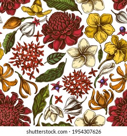 Seamless pattern with hand drawn colored plumeria, allamanda, clerodendrum, champak, etlingera, ixora