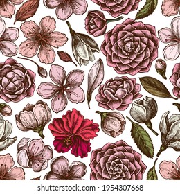 Seamless pattern with hand drawn colored hibiscus, plum flowers, peach flowers, sakura flowers, magnolia flowers, camellia japonica