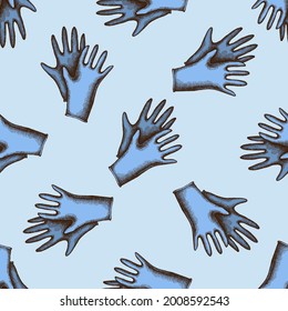 Seamless pattern with hand drawn colored medical gloves