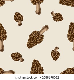 Seamless pattern with hand drawn colored morel mushroom