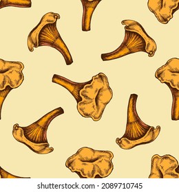 Seamless pattern with hand drawn colored chanterelle