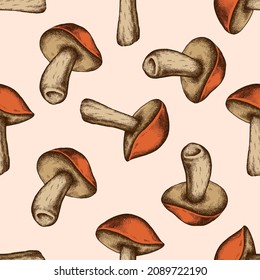 Seamless pattern with hand drawn colored aspen mushroom