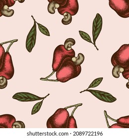 Seamless pattern with hand drawn colored cashew, letters