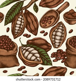 Patrón sin soldadura con frijoles de cacao pintados a mano, cacao