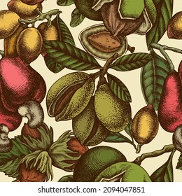 Seamless pattern with hand drawn colored cashew, pistachio, hazelnut, almond, walnut