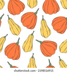 Seamless pattern with hand drawn colored pumpkins with on a light background. Doodle, simple outline illustration. It can be used for decoration of textile, paper and other surfaces.